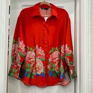 Brand New satin Zara blouse red with floral at mid to bottom gorgeous satin.